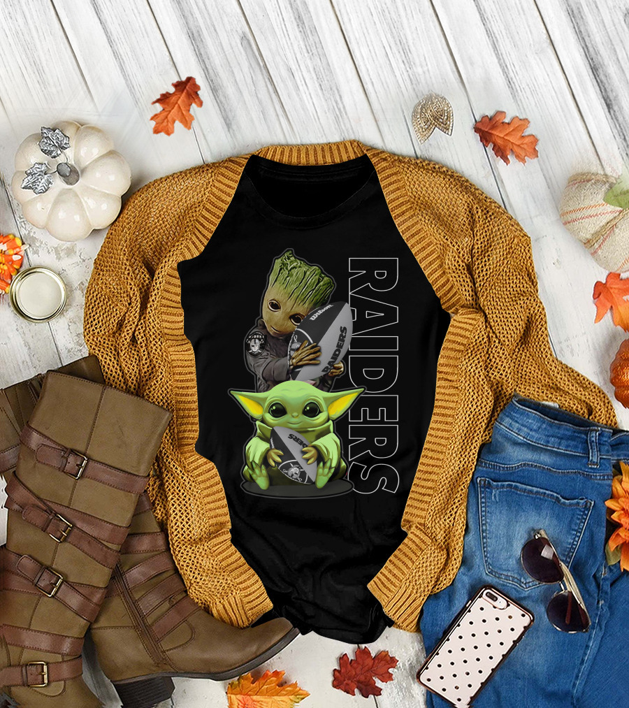 Grzd Oakland Raiders Groot Baby Yoda Football T-Shirt