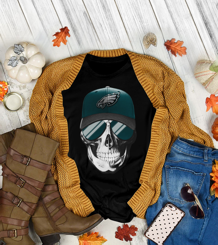 Skull Wearing Philadelphia Eagles Logo Hat and Sunglasses T-Shirt