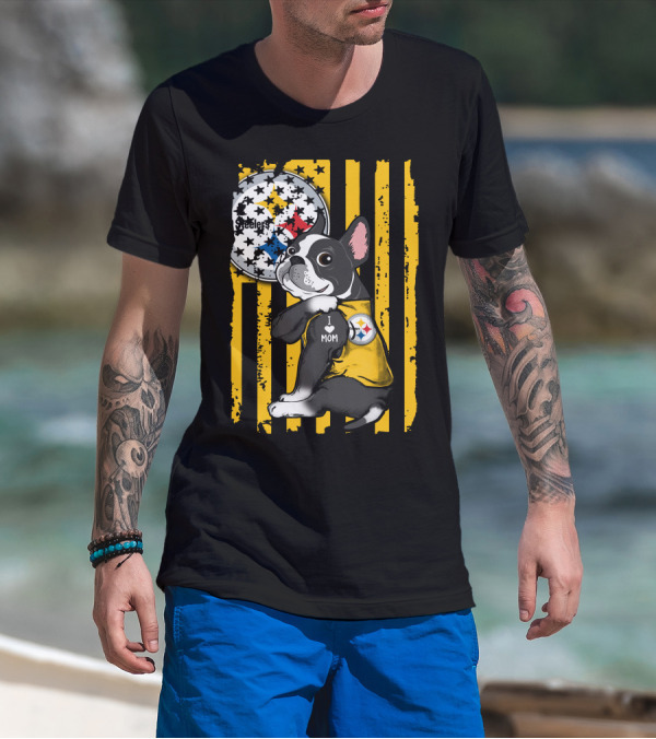 Boston Terrier I Love Mom Pittsburgh Steelers T-Shirt
