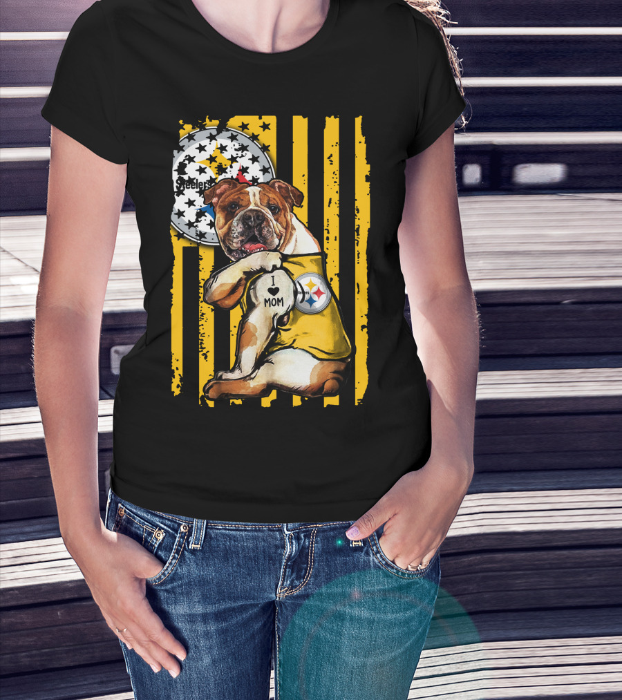 Pittsburgh Steelers Bulldog I Love Mom Stripes T-Shirt
