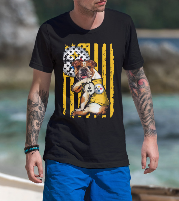 Pittsburgh Steelers Bulldog I Love Mom Stripes T-Shirt