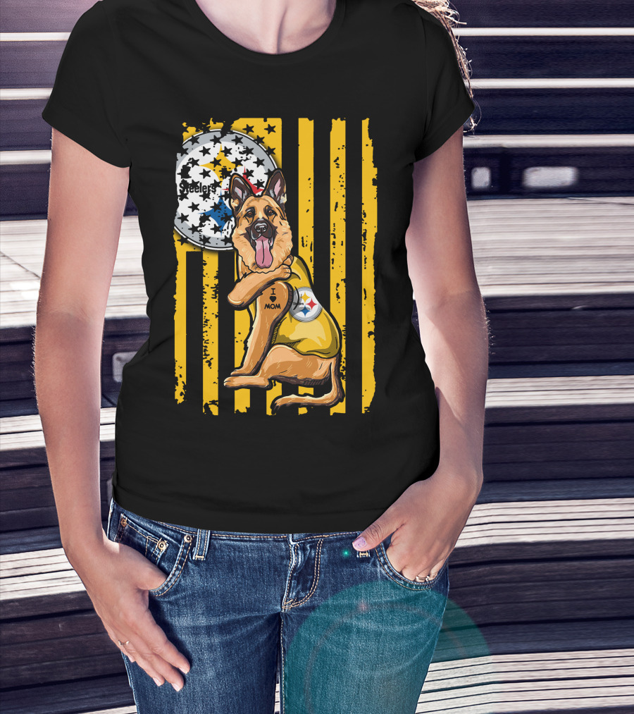 German Shepherd Steelers Fan With I Love Mom Tattoo And Team T-Shirt