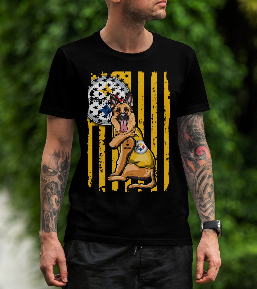 German Shepherd Steelers Fan With I Love Mom Tattoo And Team T-Shirt