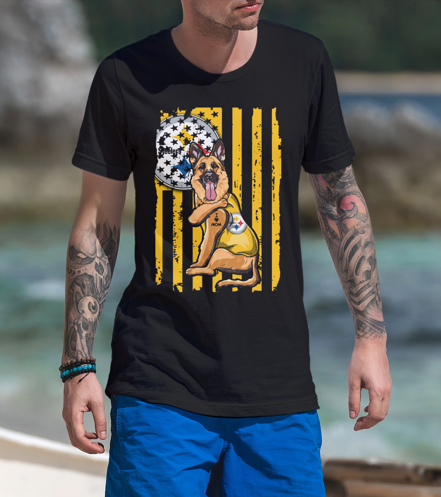 German Shepherd Steelers Fan With I Love Mom Tattoo And Team T-Shirt