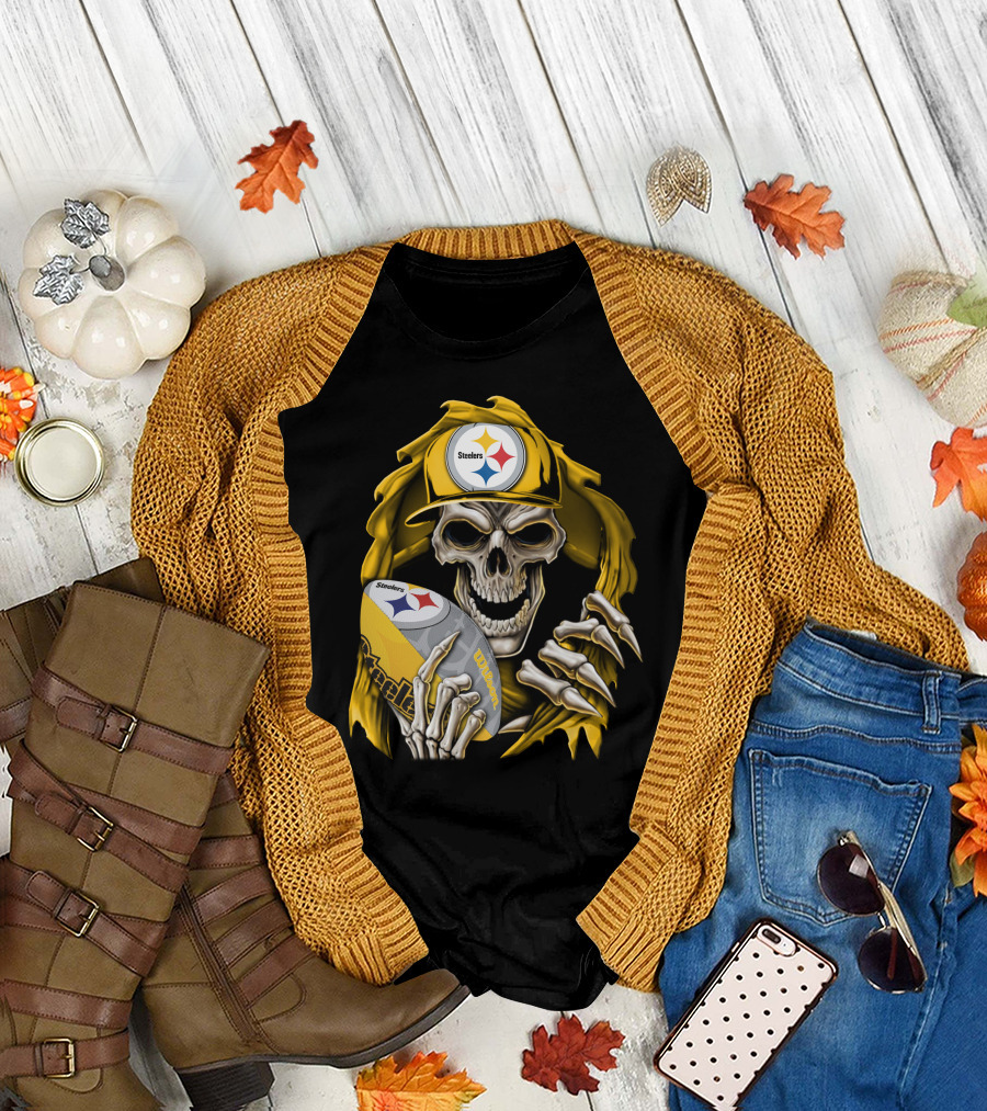 Skullbong Steelers Skeleton with Football and Cap T-Shirt