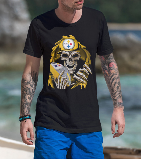 Skullbong Steelers Skeleton With Football And Cap T-Shirt