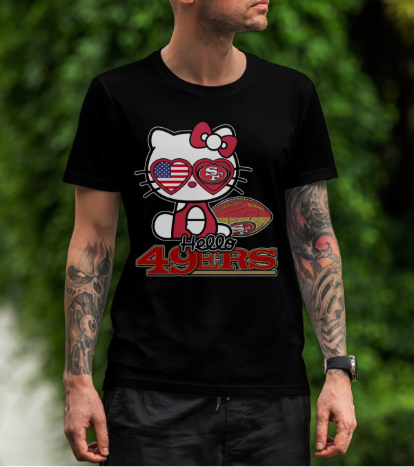 Hello Kitty San Francisco 49ers Football American Flag Hearts T-Shirt