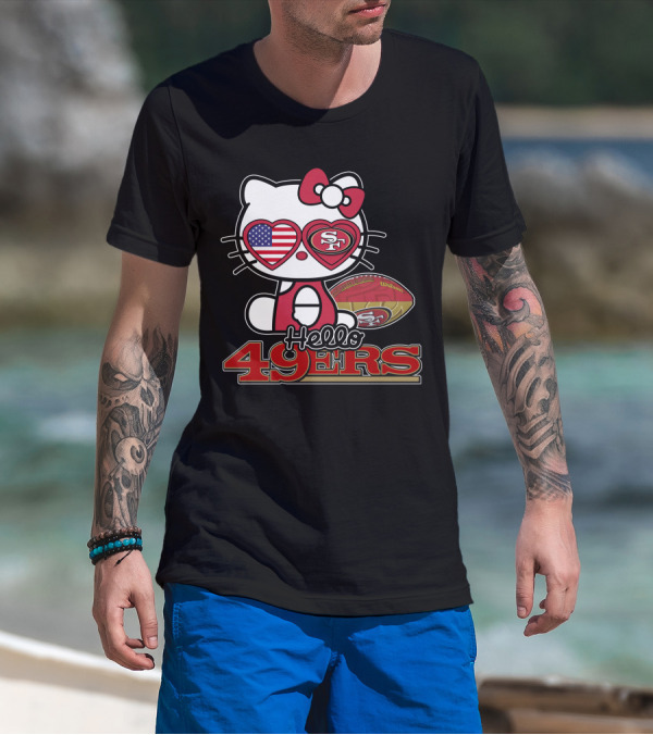Hello Kitty San Francisco 49ers Football American Flag Hearts T-Shirt