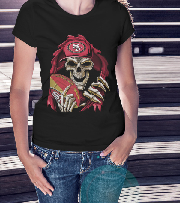 San Francisco 49ers Skull Holding Football With SF Cap T-Shirt