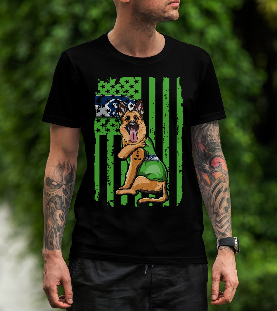 German Shepherd I Love Mom Seattle Seahawks Flag T-Shirt