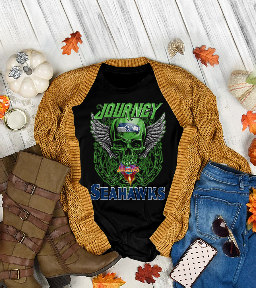 Journey Seattle Seahawks Skull with Wings and Chains T-Shirt