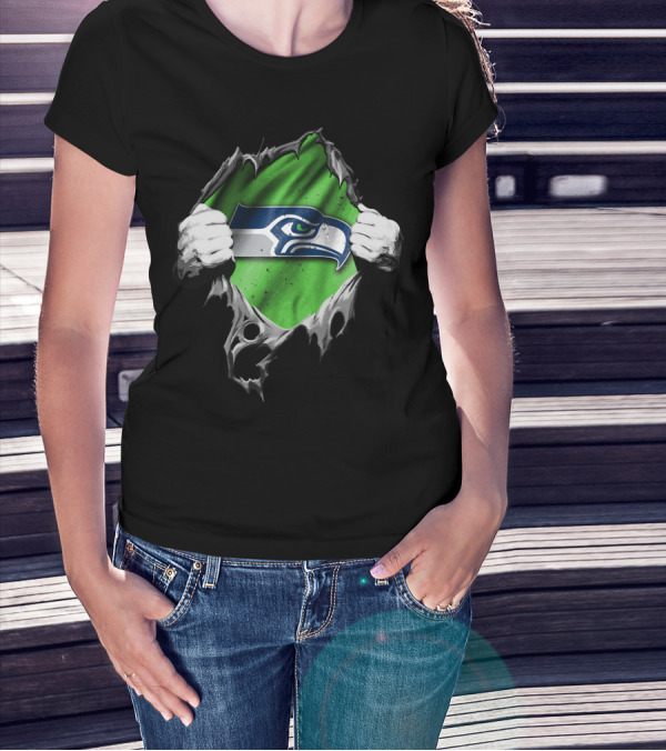 Seattle Seahawks Torn V2 Logo Peeking Through Ripped Fabric T-Shirt