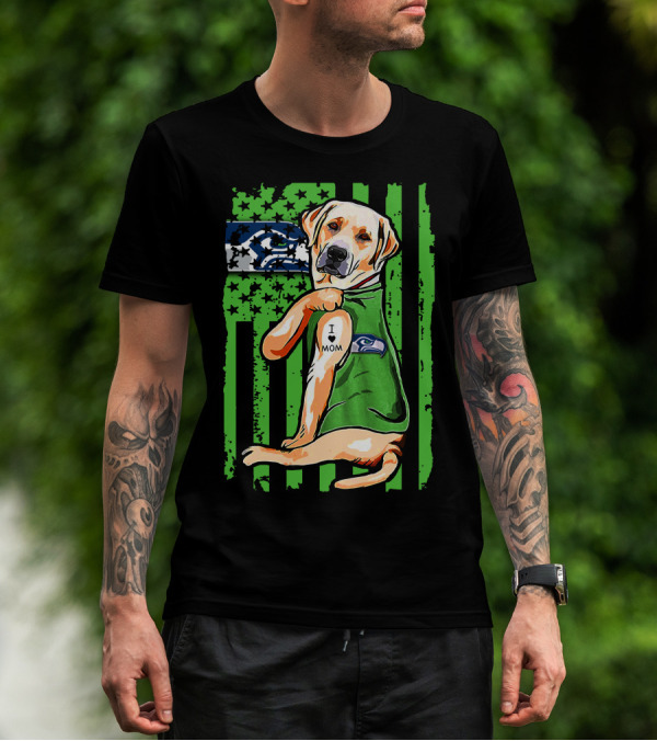 Labrador Retriever Seattle Seahawks Flag I Love Mom Tattoo T-Shirt