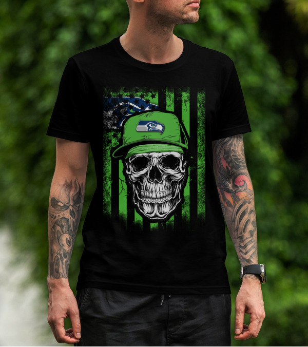 Skull In Seattle Seahawks Cap With Green Stripes And Team T-Shirt