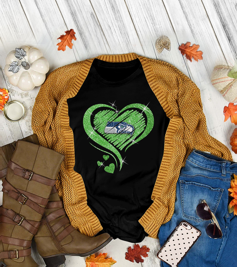 Seattle Seahawks Glitter Heart Diamond Logo Sparkle Hearts T-Shirt