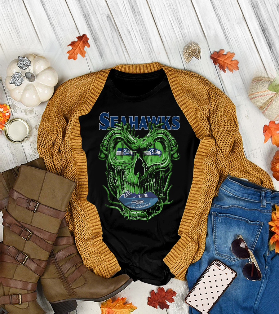Dragonskull Seahawks Green Skull Design with Seattle Seahawks T-Shirt