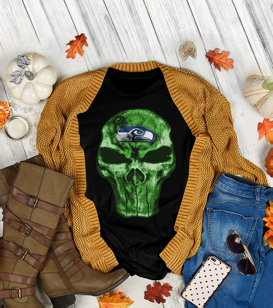 Seattle Seahawks Green Skull Design V4 T-Shirt