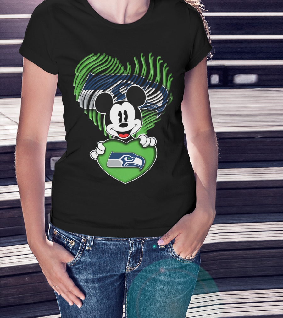 Mickey Mouse Heart Green With Seattle Seahawks T-Shirt