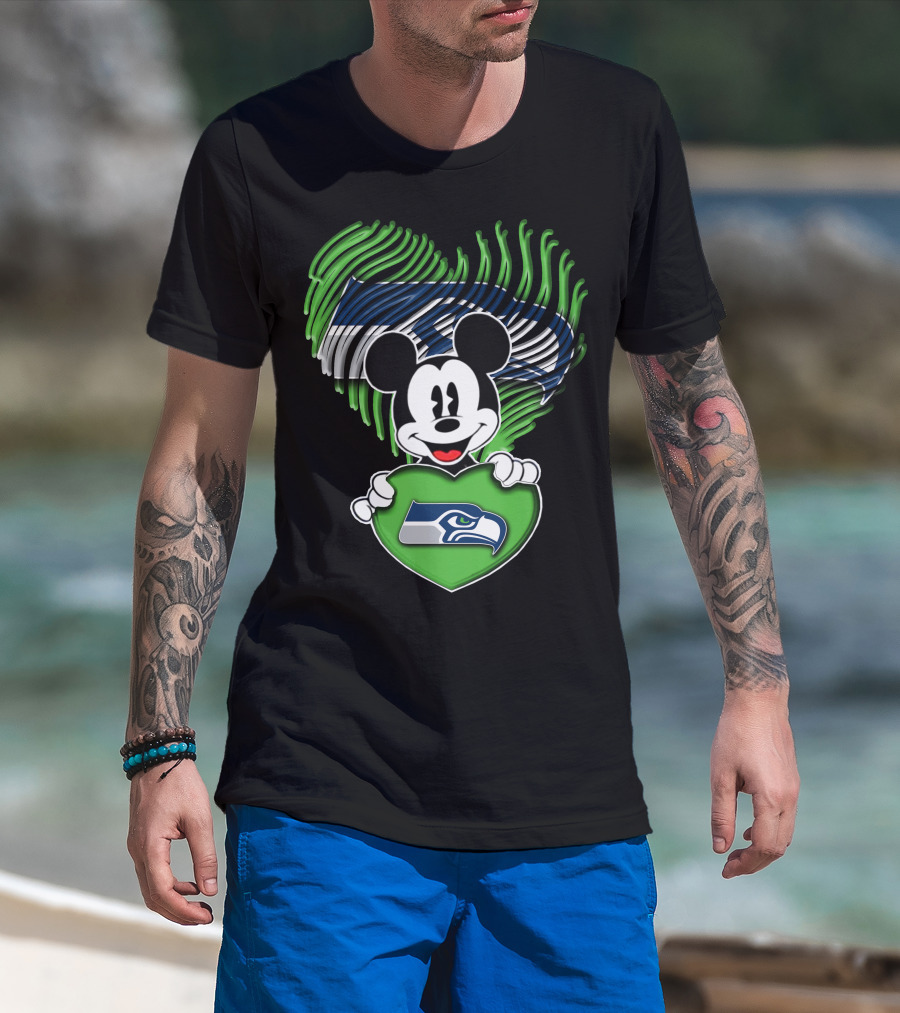 Mickey Mouse Heart Green With Seattle Seahawks T-Shirt