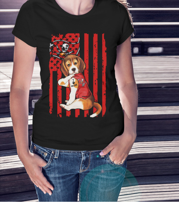 Beagle Puppy Tampa Bay Buccaneers I Love Mom Tattoo Patriotic Flag T-Shirt
