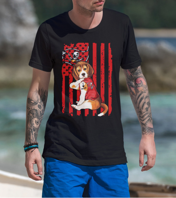 Beagle Puppy Tampa Bay Buccaneers I Love Mom Tattoo Patriotic Flag T-Shirt