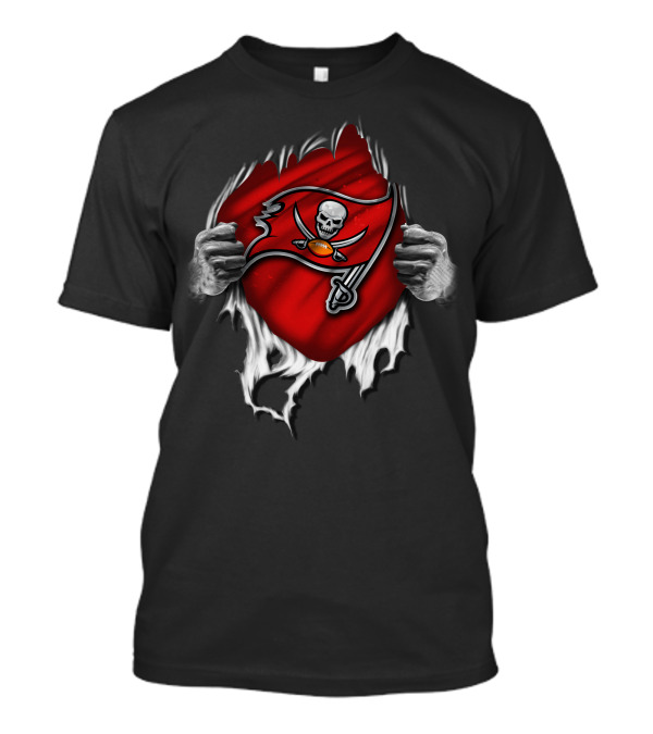 Torn Flag Of The Tampa Bay Buccaneers With Skulls And Swords T-Shirt