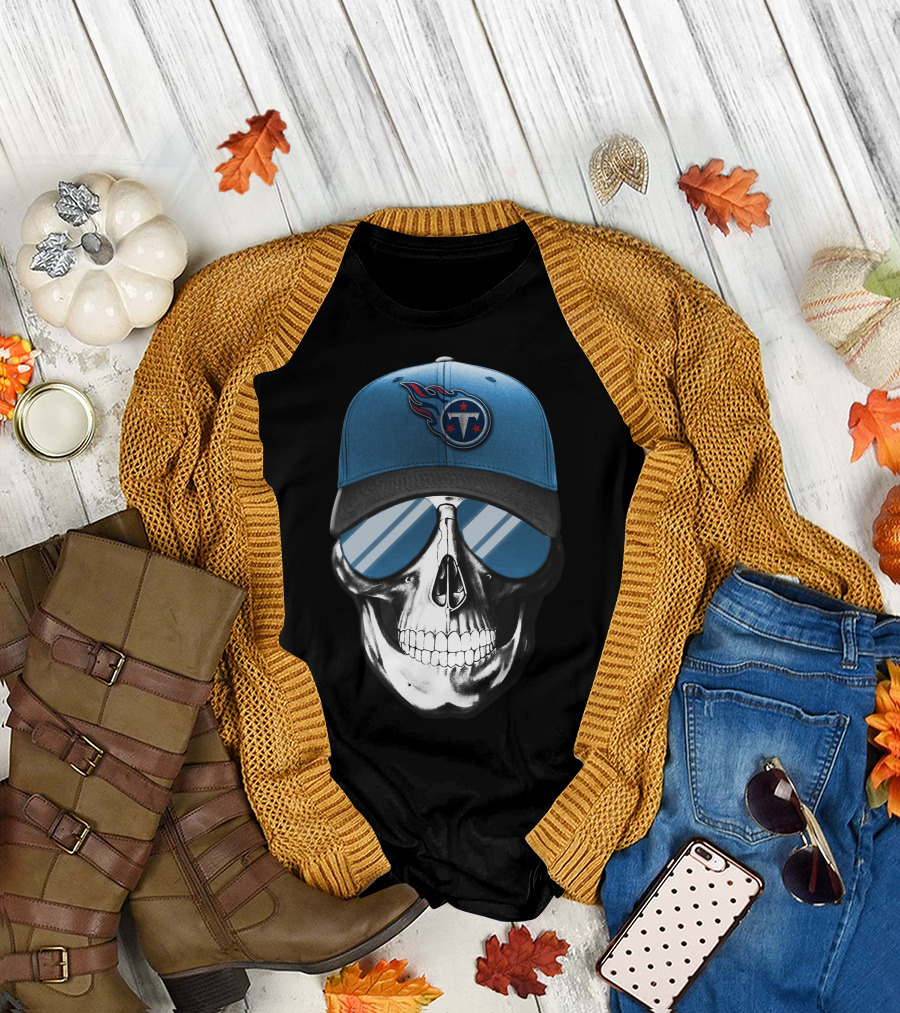 Skull with Tennessee Titans Logo Blue Cap and Sunglasses T-Shirt