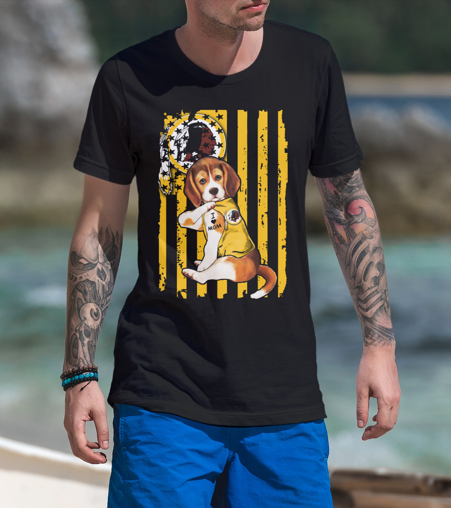 Beagle Washington Redskins I Love Mom Dog Tattoo Football Fan Stripes T-Shirt