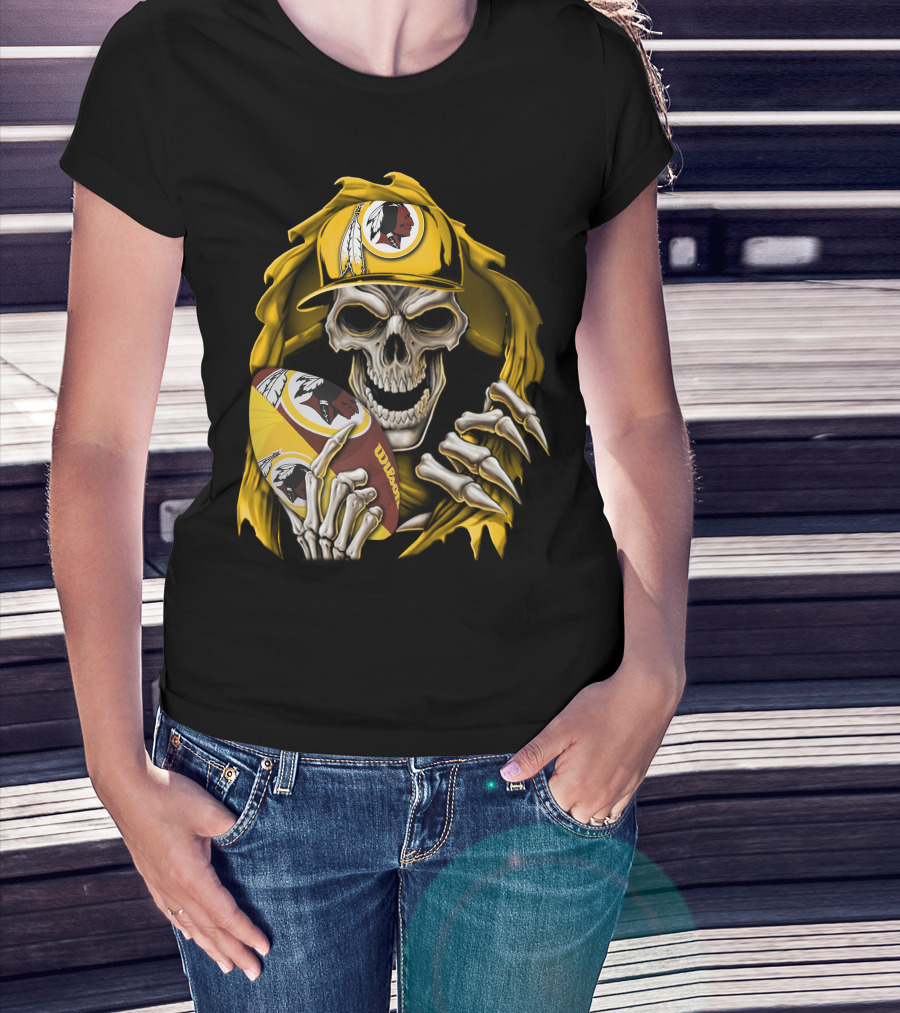 Skullbong Washington Redskins Skeleton Holding Football With Logo And Yellow Cap T-Shirt