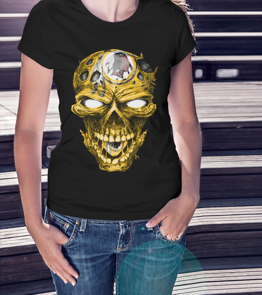 Skull V2 Washington Redskins Logo With Feather Headdress On Yellow Grinning Skull T-Shirt
