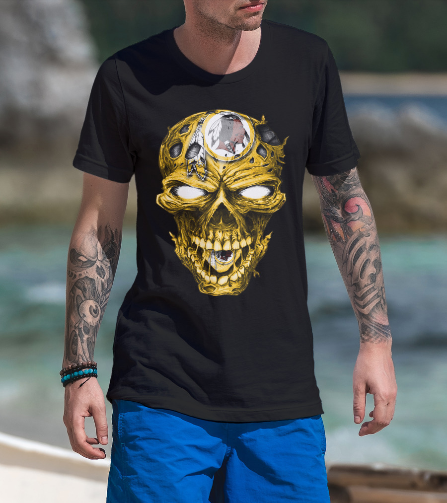 Skull V2 Washington Redskins Logo With Feather Headdress On Yellow Grinning Skull T-Shirt