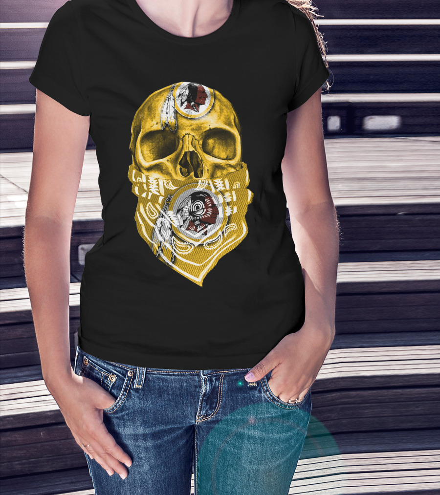Skull Washington Redskins Logo With Yellow Bandana And Native American Symbolics T-Shirt