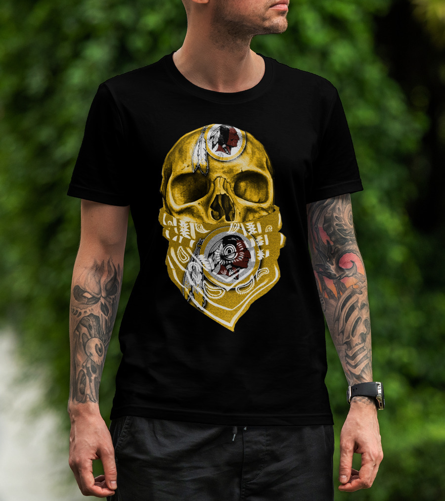 Skull Washington Redskins Logo With Yellow Bandana And Native American Symbolics T-Shirt