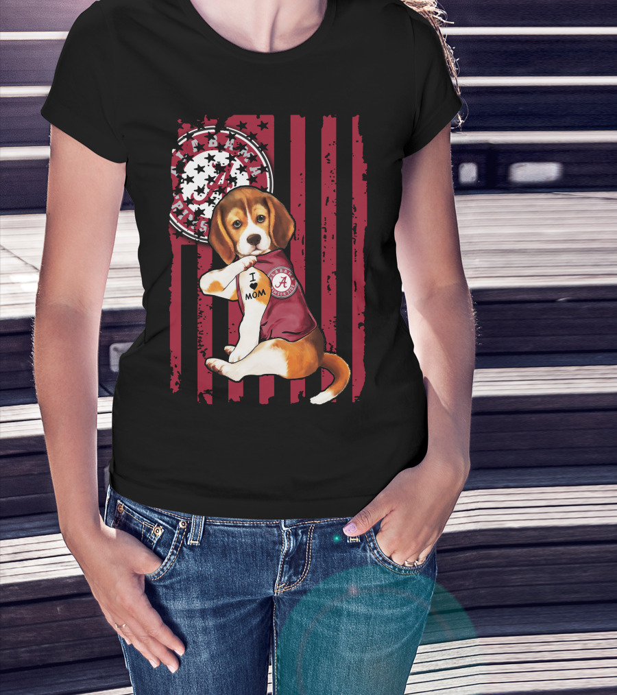 Beagle I Love Mom Alabama Crimson Tide Logo Usa Flag T-Shirt