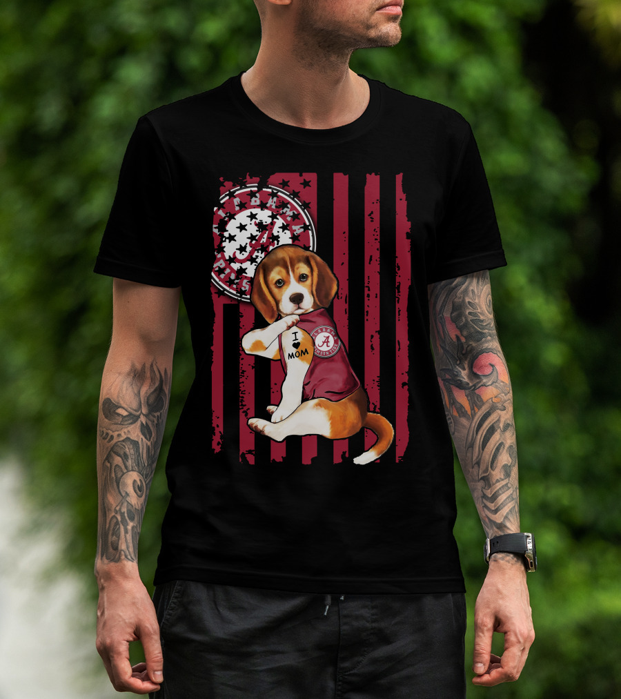 Beagle I Love Mom Alabama Crimson Tide Logo Usa Flag T-Shirt
