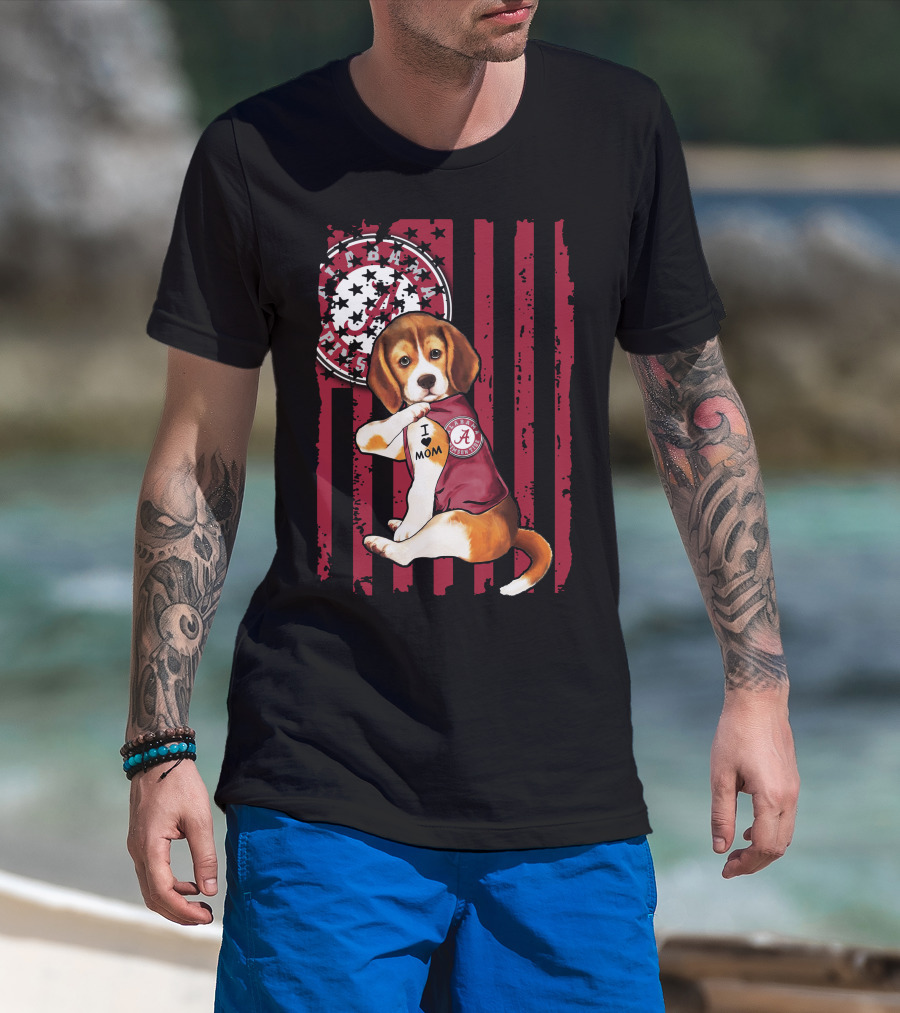 Beagle I Love Mom Alabama Crimson Tide Logo Usa Flag T-Shirt