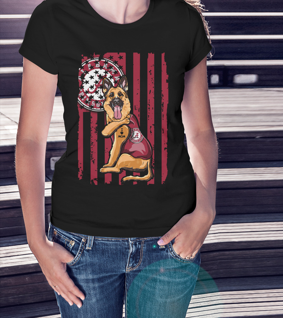 German Shepherd Alabama Crimson Tide Pride With I Love Mom Tattoo T-Shirt