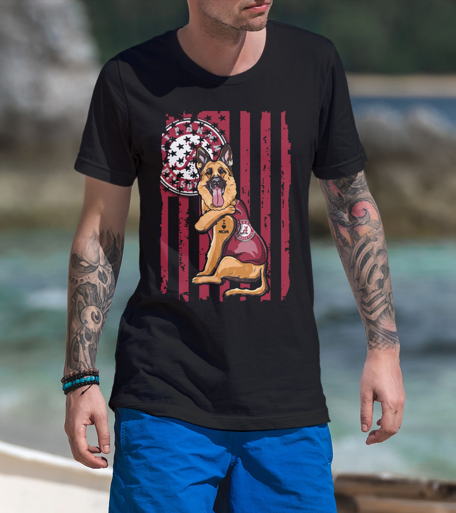 German Shepherd Alabama Crimson Tide Pride With I Love Mom Tattoo T-Shirt