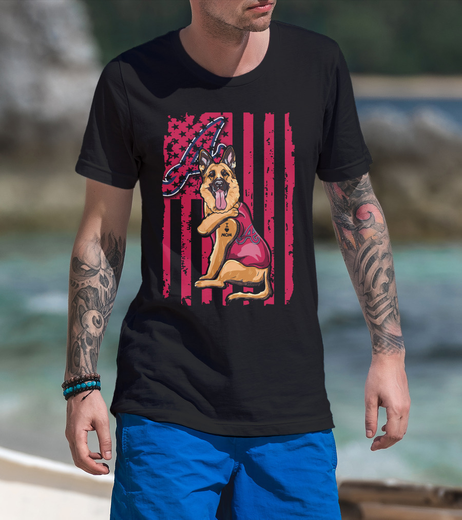 German Shepherd Wearing Atlanta Braves Jersey With A Logo And Flag Background T-Shirt