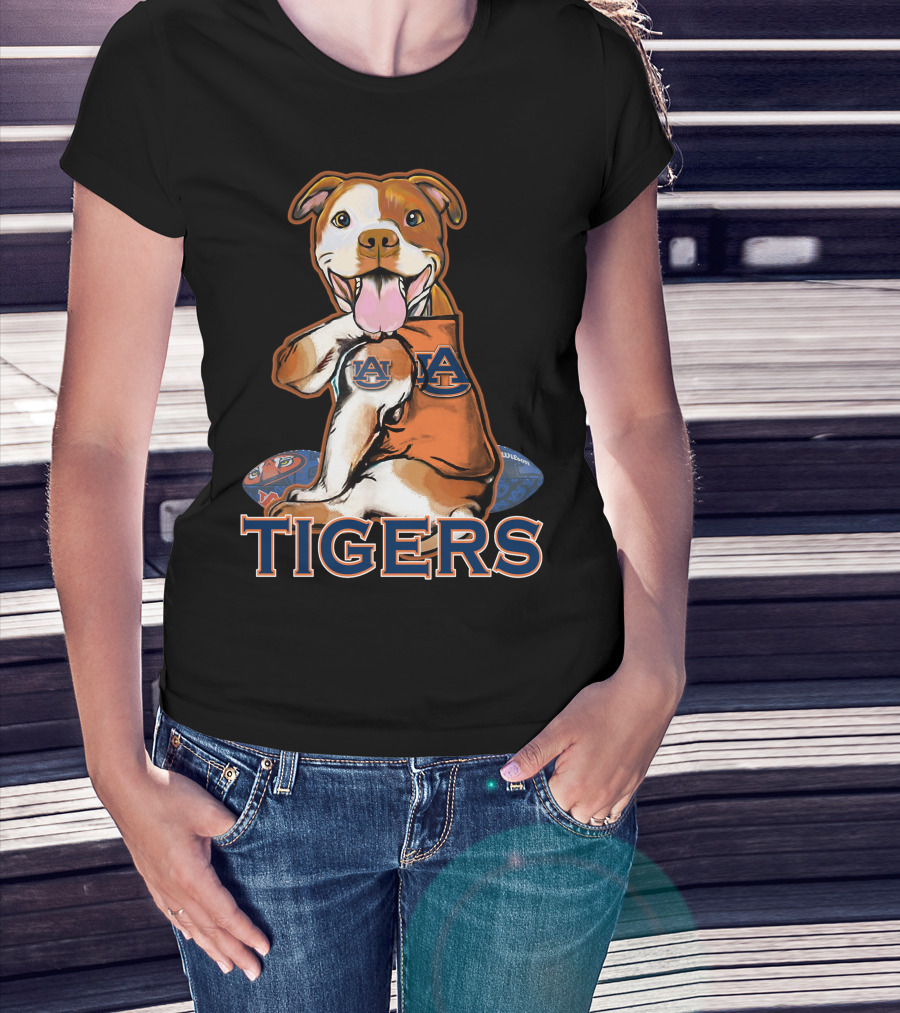 Pittbull Wearing Auburn Tigers Logo With Football T-Shirt