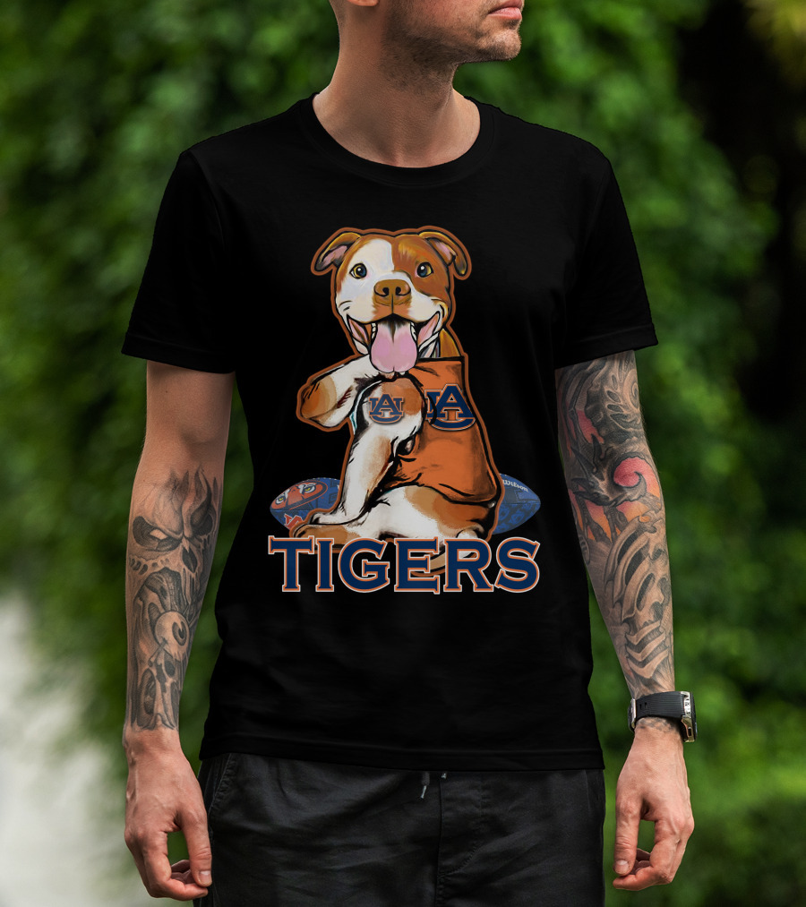 Pittbull Wearing Auburn Tigers Logo With Football T-Shirt
