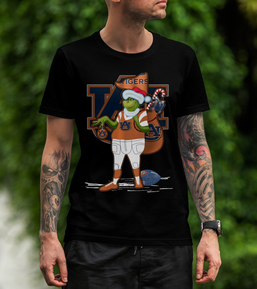 Grinch Christmas Auburn Tigers Football Santa Hat Candy Cane Sack T-Shirt