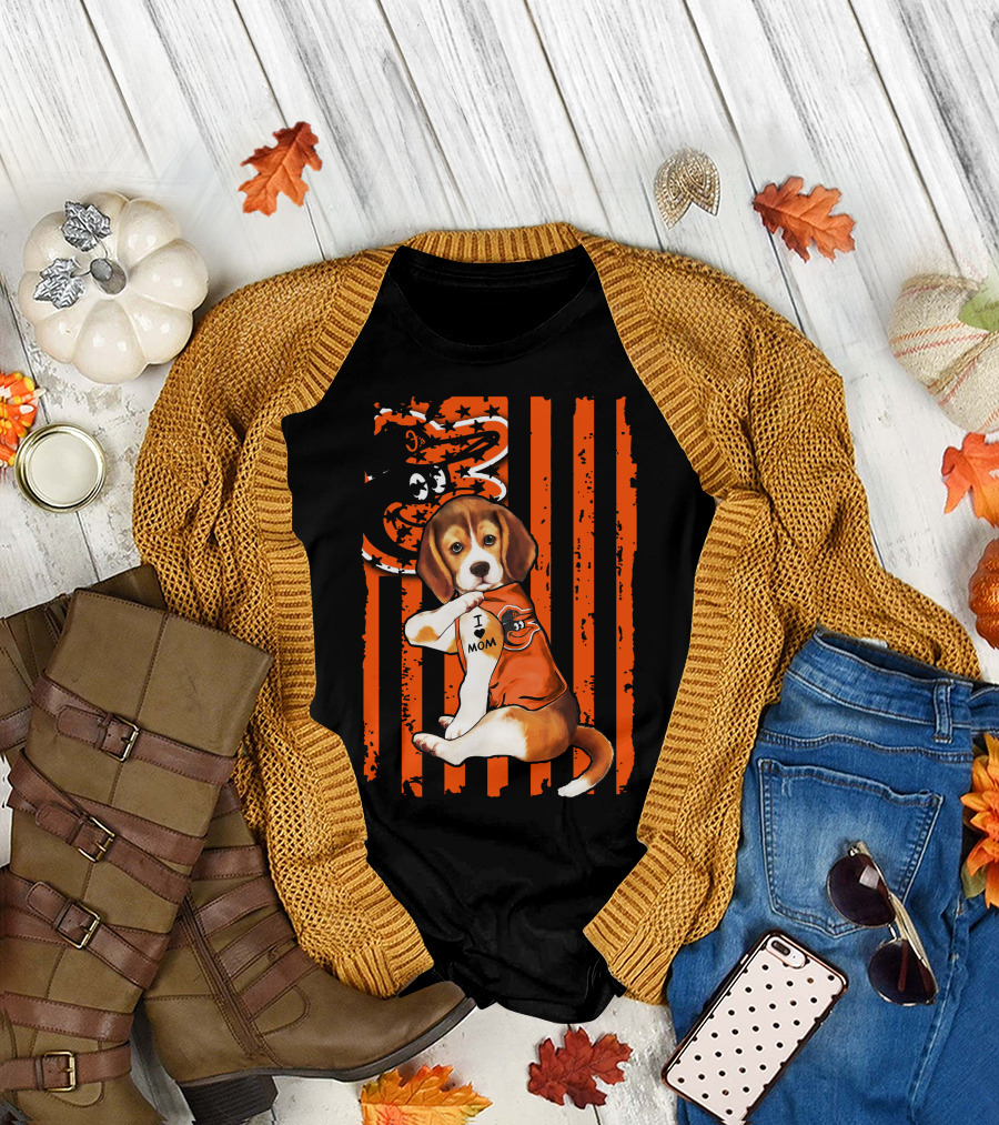 Beagle in Baltimore Orioles Orange with I Love Mom Tattoo and Stars and Stripes Background T-Shirt
