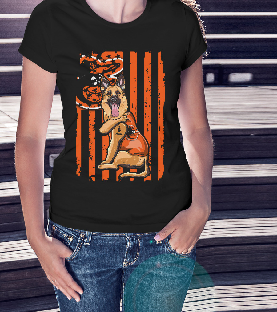 German Shepherd With Baltimore Orioles I Love Mom Tattoo Orange Stripes T-Shirt