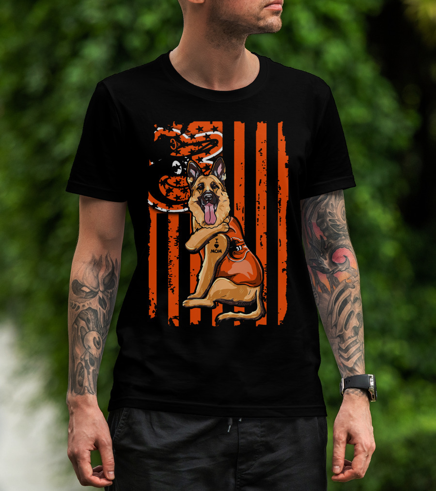 German Shepherd With Baltimore Orioles I Love Mom Tattoo Orange Stripes T-Shirt