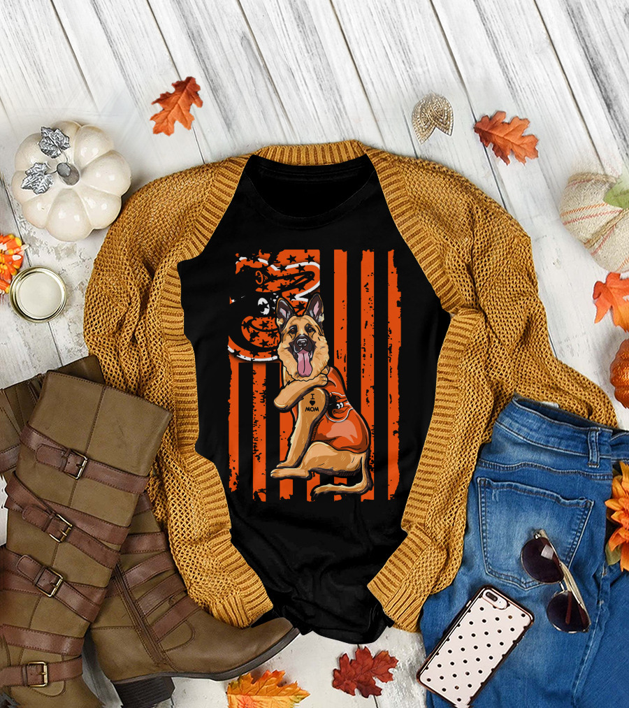 German Shepherd with Baltimore Orioles I Love Mom Tattoo Orange Stripes T-Shirt