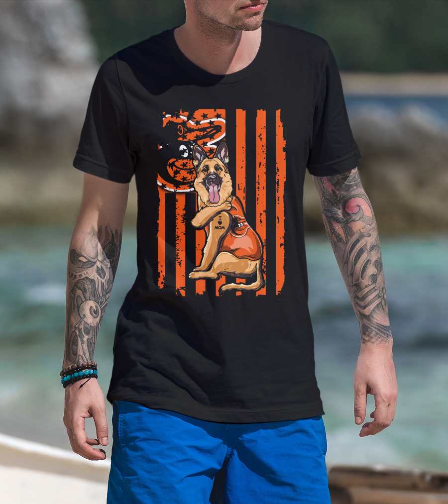 German Shepherd With Baltimore Orioles I Love Mom Tattoo Orange Stripes T-Shirt