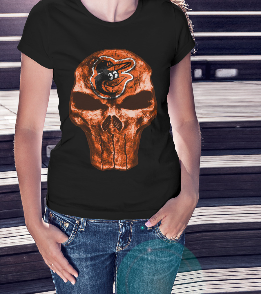 Skull V4 Baltimore Orioles Logo Grunge T-Shirt