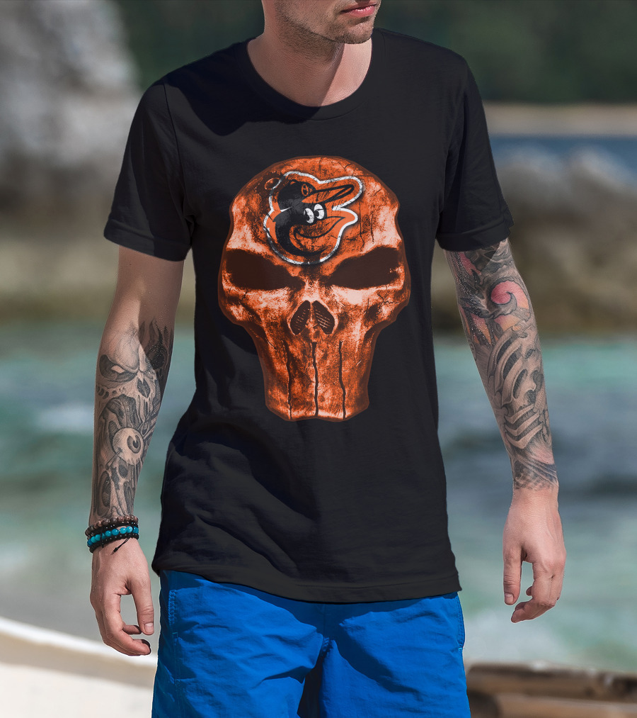 Skull V4 Baltimore Orioles Logo Grunge T-Shirt