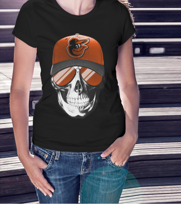 Skull V7 Baltimore Orioles Cap And Sunglasses T-Shirt